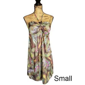 Women's Babydoll Halter Dress Small Satin Slip Paisley Sundress Beach Resort